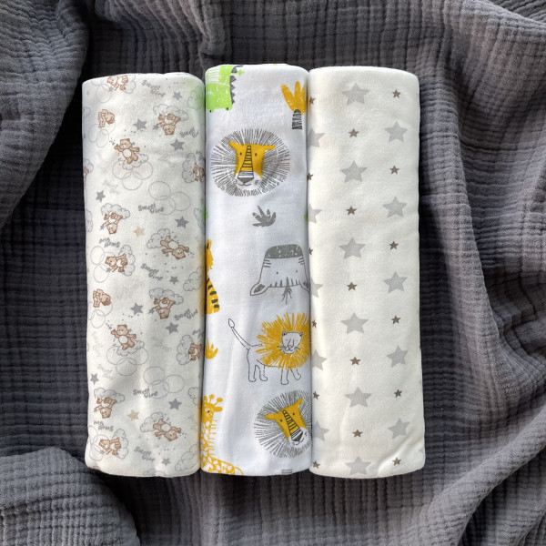 Пеленки трикотажные интерлок 3 шт 120*90 см Звезды/Зоопарк/Мишка 