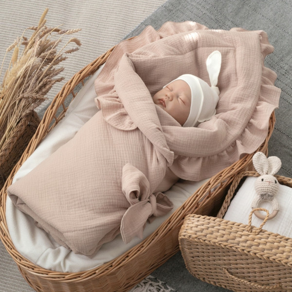 Одеяло на выписку 90х90 «Муслиновое», с бантом с рюшами летнее Капучино 