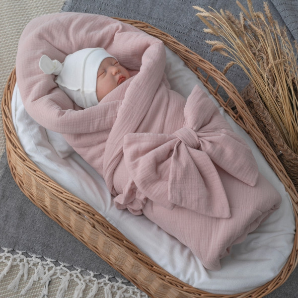 Одеяло-конверт на выписку 90х90 «Муслин №2», с бантом на резинке летнее Пудра 