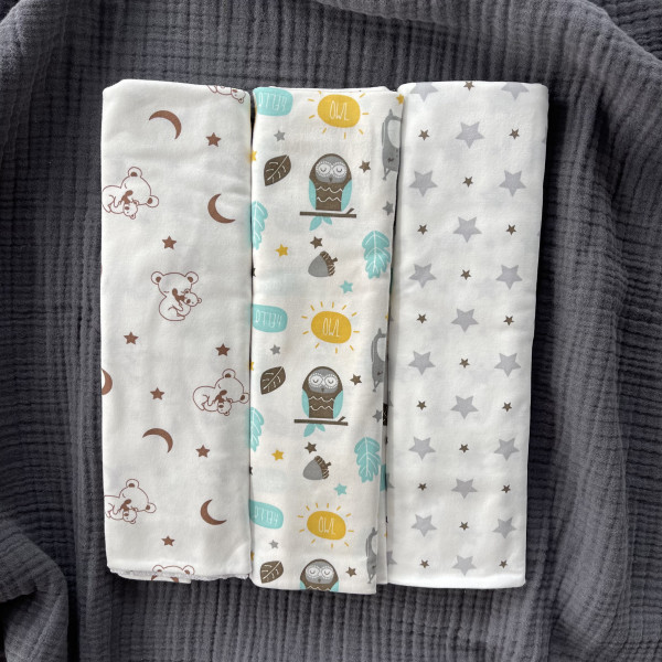 Пеленки 3 шт унисекс 130*90 см Звёзды/Совы/Мишка 