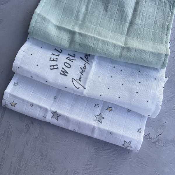 Платочки муслиновые 25*25 см 3 шт мята/звёзды/привет мир