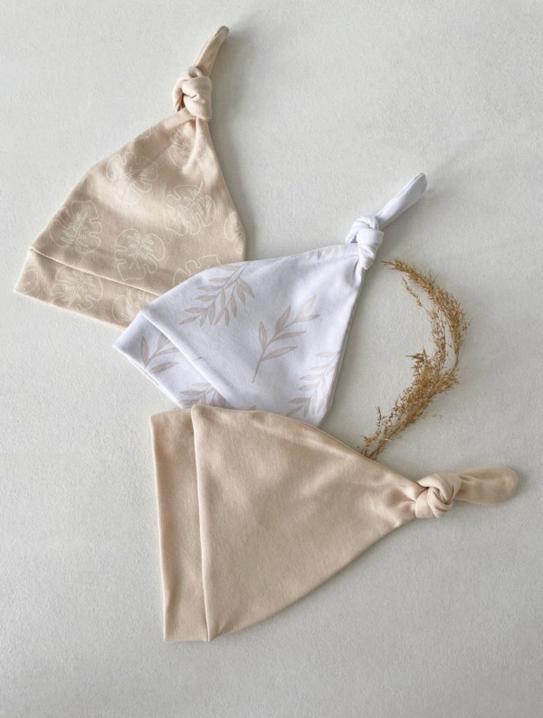 Комплект шапочка-узелок 3 шт Бежевый/Листочки/Веточки