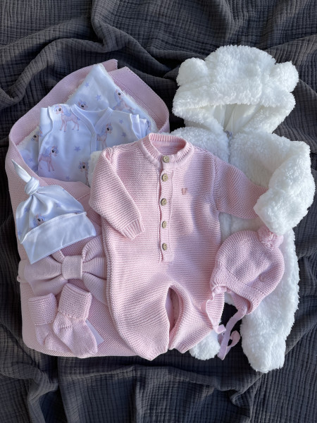 Комплект на выписку из 8-и предметов "ALPACA" Розовый-сиреневый