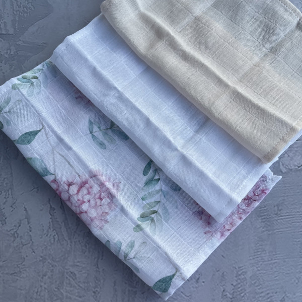 Платочки муслиновые 25*25 см 3 шт гортензия/молоко/пудра