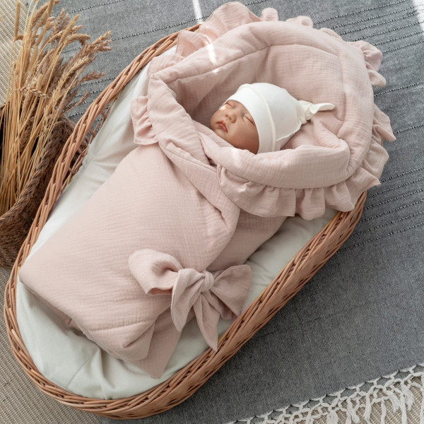 Одеяло на выписку 90х90 «Муслиновое», с бантом с рюшами летнее Пудра 