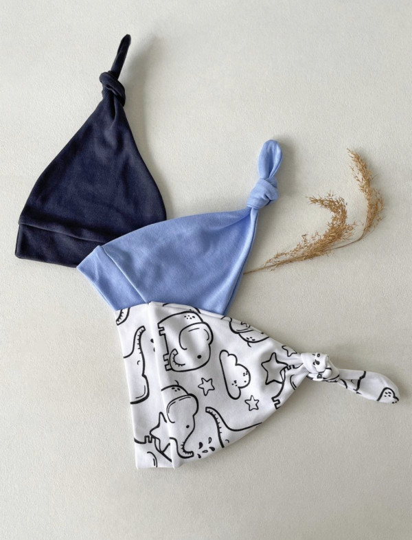 Комплект шапочка-узелок 3 шт небесный/мокрый асфальт/слоники