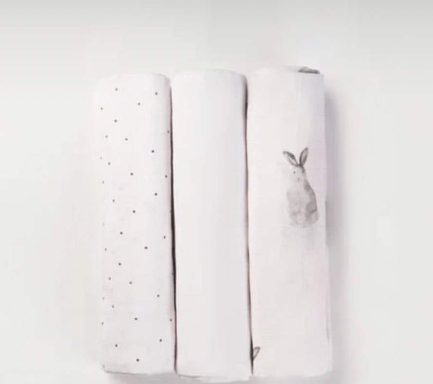 Комплект муслиновых пелёнок Кролики/Белая/Горошек 120*120 см