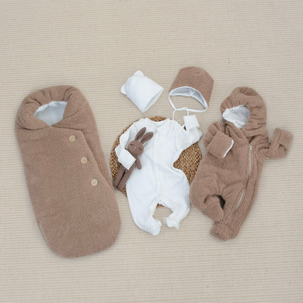 Комплект на выписку 5 предметов "Пушистик Пуговка", демисезонный, бежевый