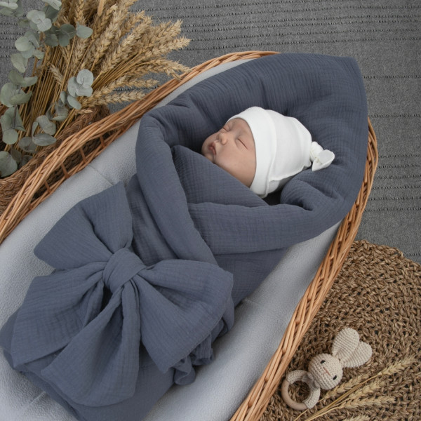 Одеяло на выписку 90х90 «Муслиновое», с бантом на резинке летнее Деним