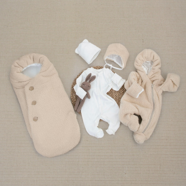 Комплект на выписку 5 предметов "Пушистик Пуговка", демисезонный, светло-бежевый