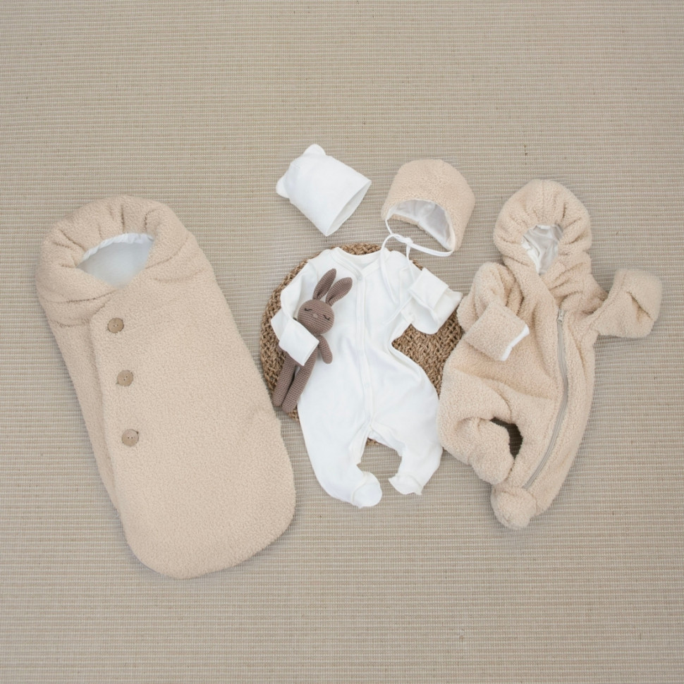 Комплект на выписку 5 предметов "Пушистик Пуговка", демисезонный, светло-бежевый