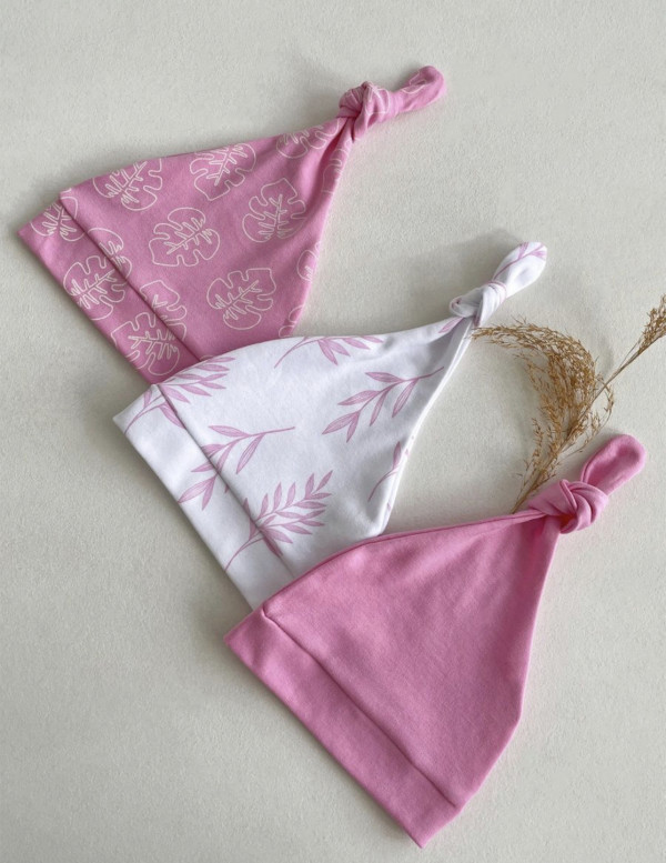 Комплект шапочка-узелок 3 шт Розовый/Листочки/Веточки