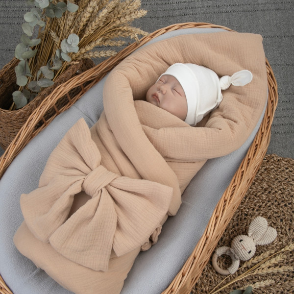 Одеяло на выписку 90х90 «Муслиновое», с бантом на резинке летнее Песочный 