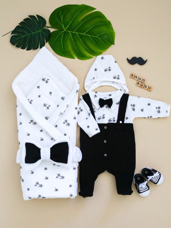 Комплект на выписку из муслина молочно-чёрный 