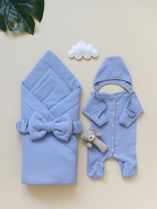 Комплект на выписку из органического муслина Синий лён 