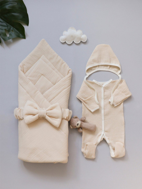 Комплект на выписку из органического муслина Бежевый 