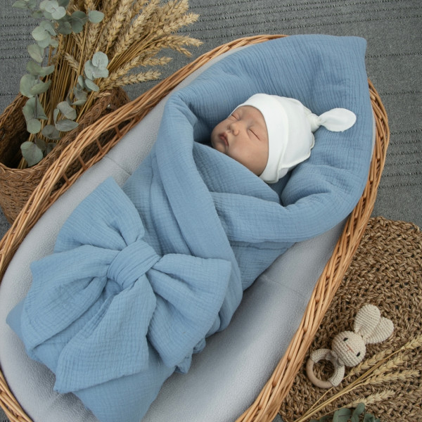 Одеяло на выписку 90х90 «Муслиновое», с бантом на резинке летнее Серо-голубой 