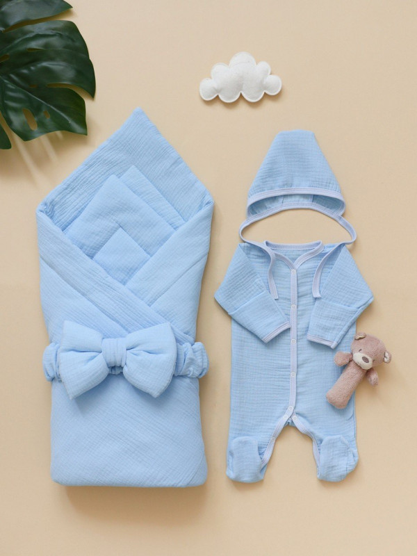 Комплект на выписку из органического муслина Голубой 