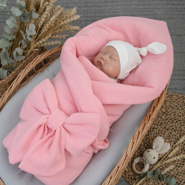 Одеяло на выписку 90х90 «Муслиновое», с бантом на резинке летнее Ярко-розовый 