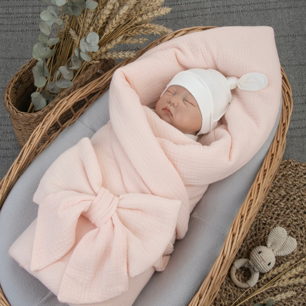 Одеяло на выписку 90х90 «Муслиновое», с бантом на резинке летнее Розовый персик 