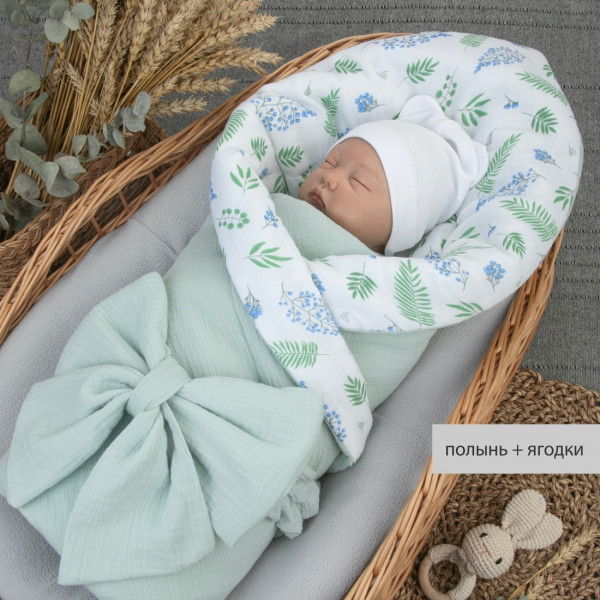Одеяло-конверт на выписку 90х90 «Муслин №3», с бантом на резинке летнее Полынь+ягодки 
