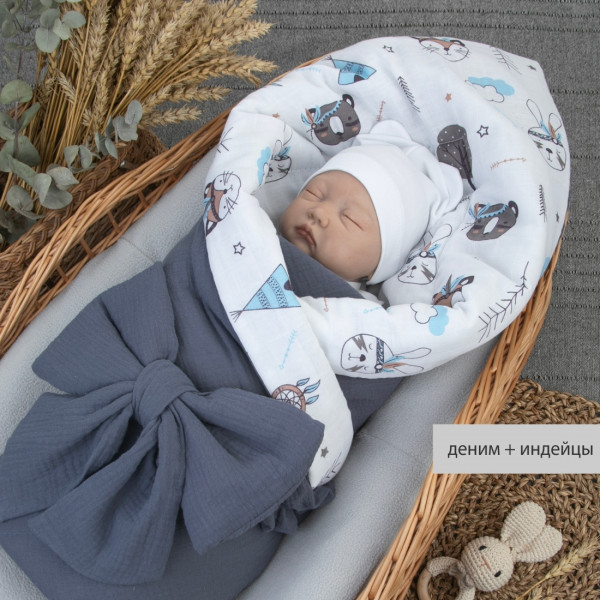 Одеяло-конверт на выписку 90х90 «Муслин №3», с бантом на резинке летнее Деним+индейцы 