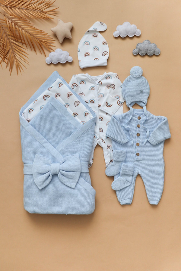 Комплект на выписку из 8-и предметов "ALPACA" Голубой-белый 