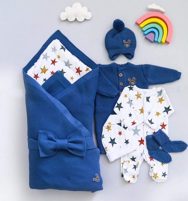 Комплект на выписку из 8-и предметов "ALPACA" Синий