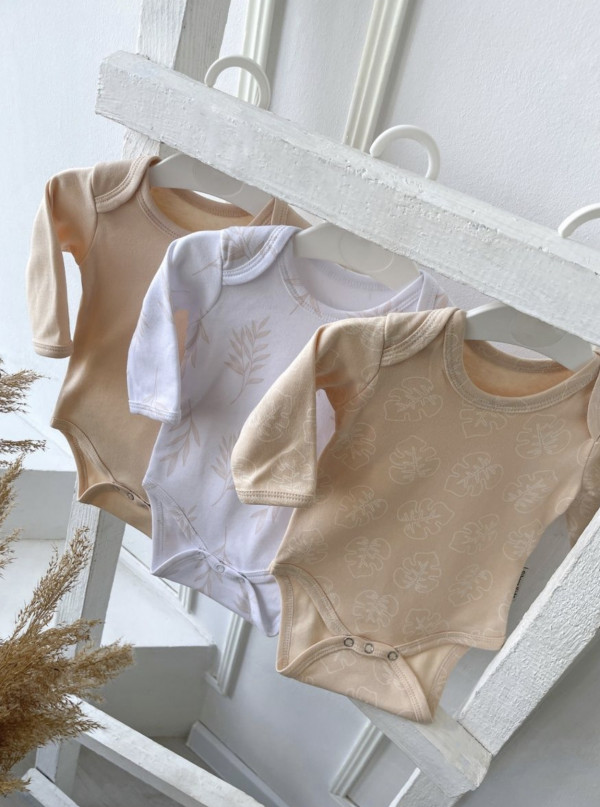 Комплект боди 3 шт с длинным рукавом Бежевый/Листочки/Веточки