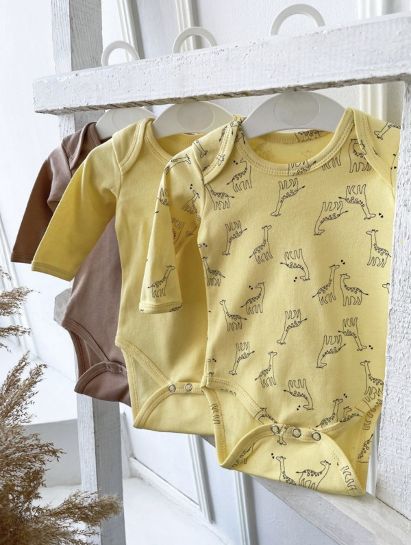 Комплект 3 боди с длинным рукавом желтый/жирафики/тауп грей