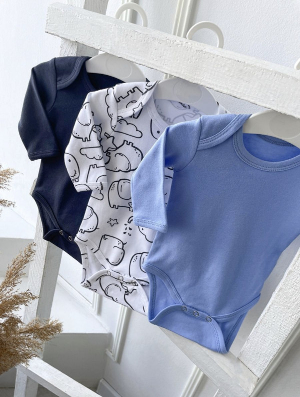 Комплект боди 3 шт с длинным рукавом небесный/мокрый асфальт/слоники