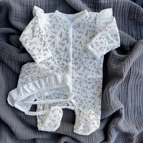 Комбинезон и чепчик из муслина Молочно-зеленый 