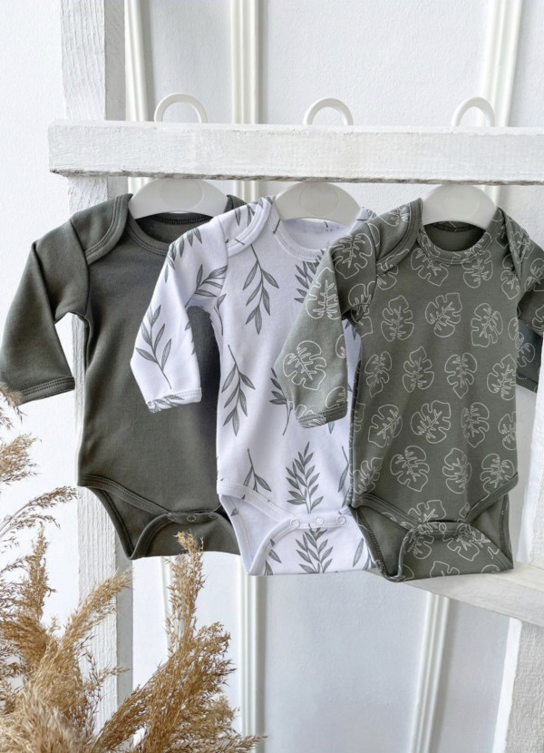 Комплект боди 3 шт с длинным рукавом хаки/листочки/веточки