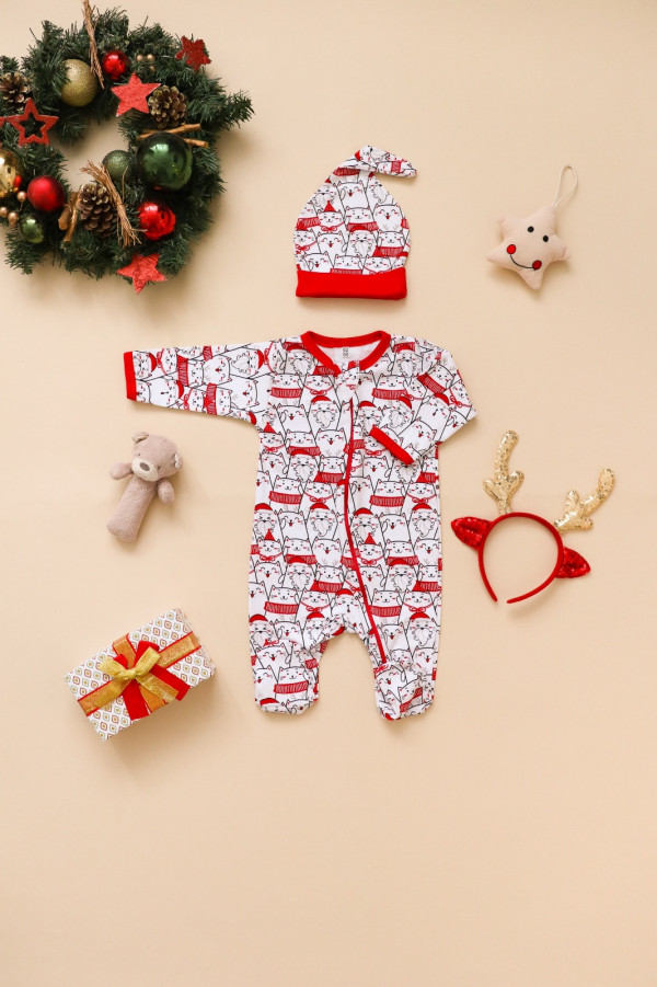 Комбинезон нательный с шапочкой красно-белый  "HAPPY NEW YEAR"