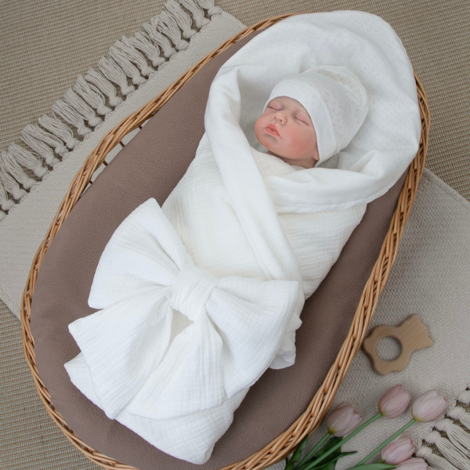 Комплект на выписку 4 предмета "Ажур.Муслин Плед", молоко, лето