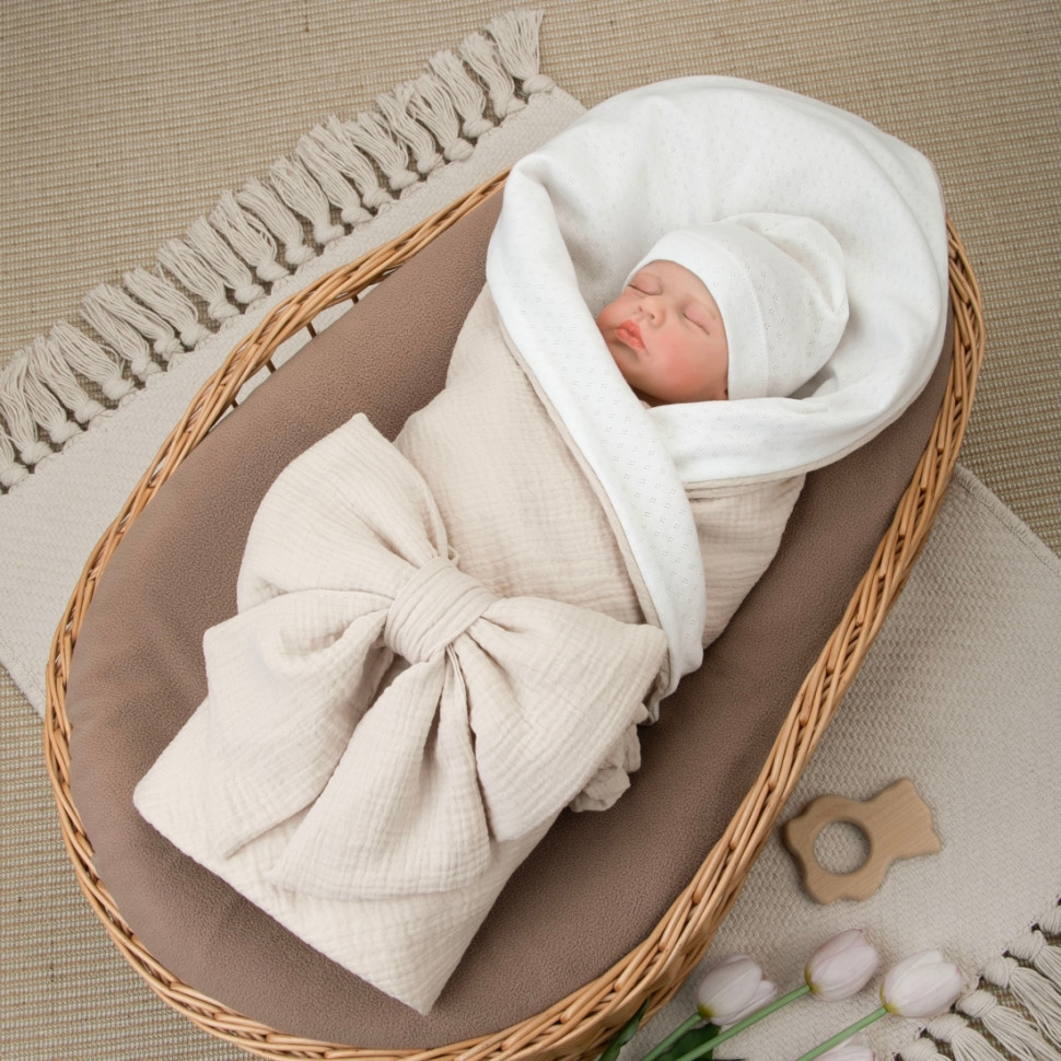 Комплект на выписку 4 предмета "Ажур.Муслин Плед", бежевый, лето Комплект на выписку 4 предмета "Ажур.Муслин Плед", бежевый, лето