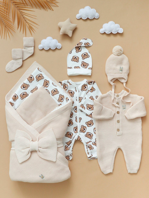 Комплект на выписку из 8-и предметов "ALPACA" бежево- коричневый