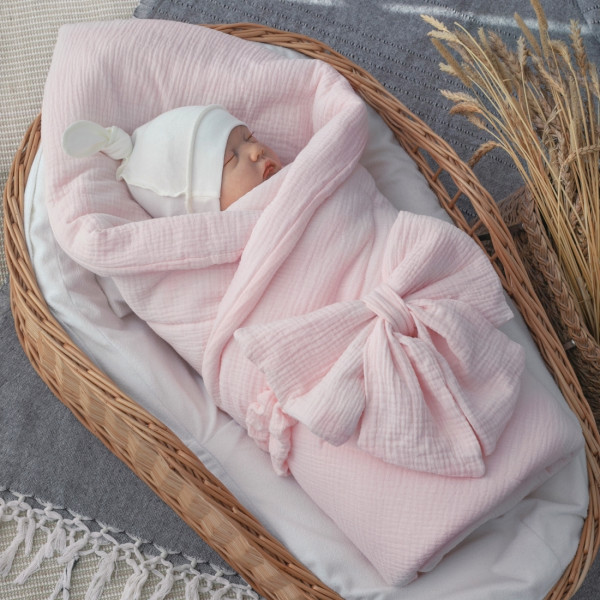 Одеяло на выписку 90х90 «Муслиновое», с бантом на резинке летнее Розовый