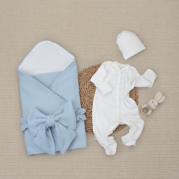 Комплект на выписку 4 предмета "Ажур.Муслин Плед", голубой, лето