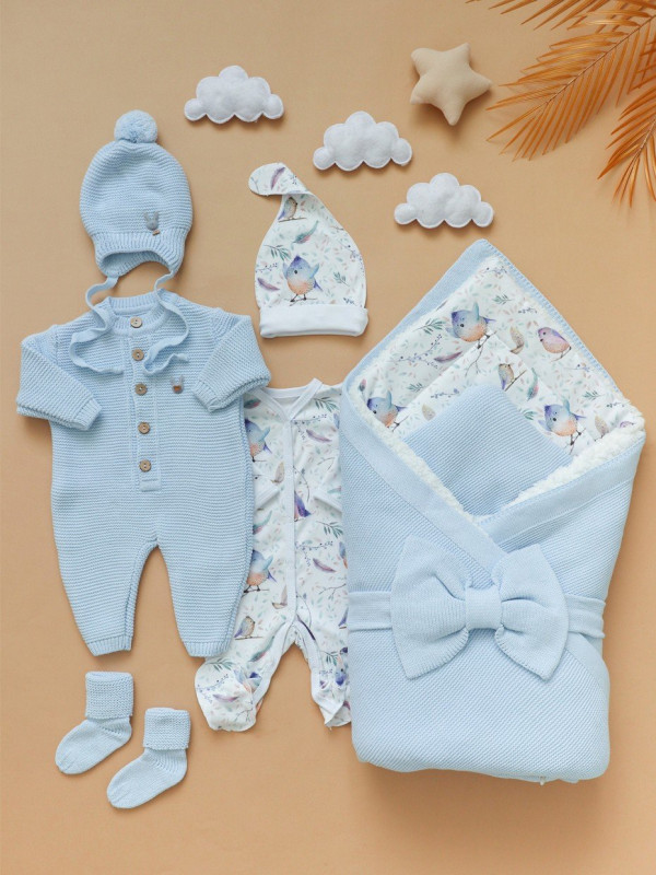 Комплект на выписку из 8-и предметов "ALPACA " сиренево-голубой 