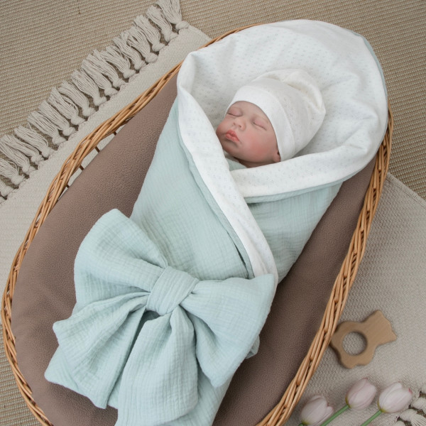 Комплект на выписку 4 предмета "Ажур.Муслин Плед", полынь, лето