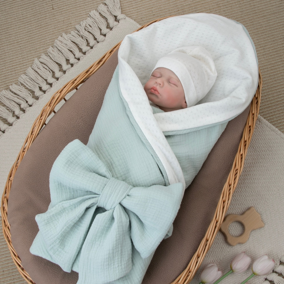 Комплект на выписку 4 предмета "Ажур.Муслин Плед", полынь, лето