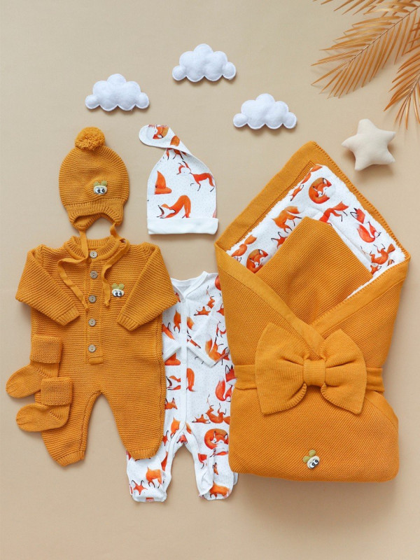 Комплект на выписку из 8-и предметов "ALPACA  " оранжево-горчичный 