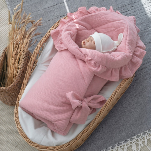 Одеяло на выписку 90х90 «Муслиновое», с бантом с рюшами  летнее Ягодный 