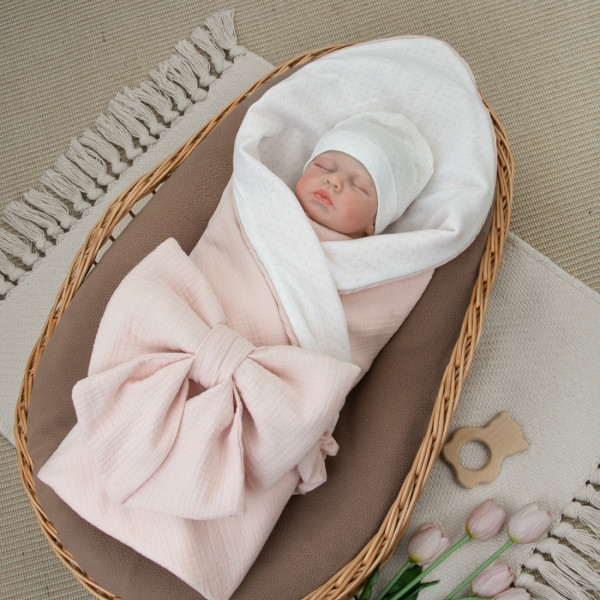 Комплект на выписку 4 предмета "Ажур.Муслин Плед", пудра, лето