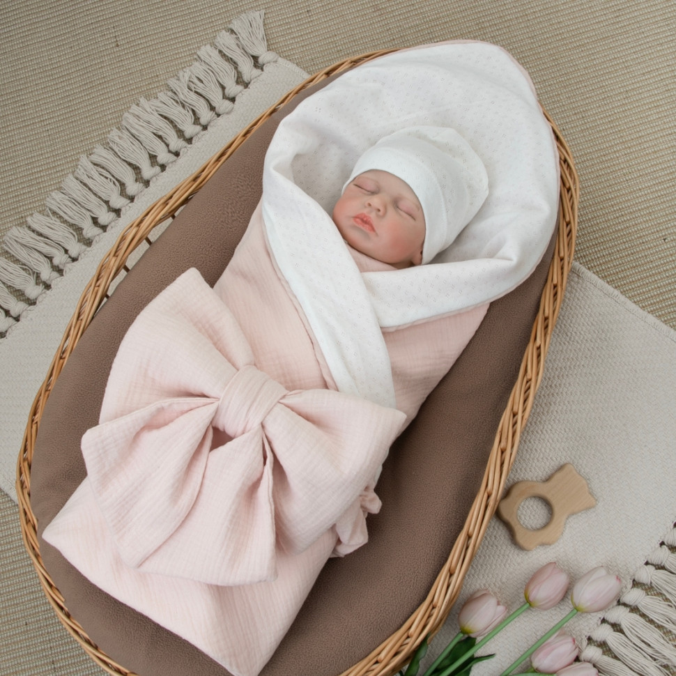 Комплект на выписку 4 предмета "Ажур.Муслин Плед", пудра, лето Комплект на выписку 4 предмета "Ажур.Муслин Плед", пудра, лето