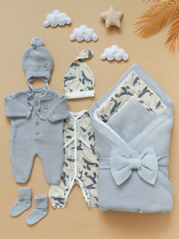 Комплект на выписку из 8-и предметов "ALPACA " Серо-Бежевый 