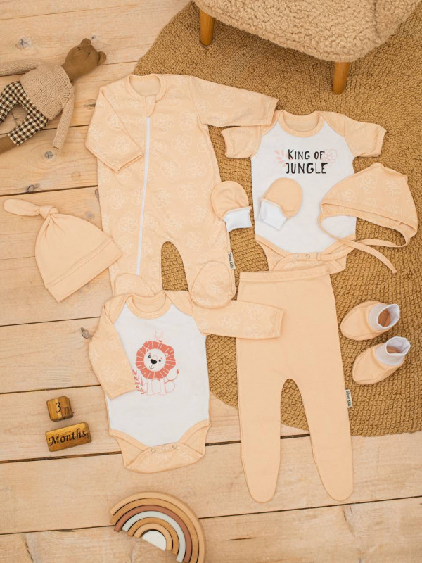 Комплект нательный 8пр (боди с д/р,боди с к/р,слип,ползунки,шапочка,чепчик,пинетки, царапки)  Бежевые листочки
