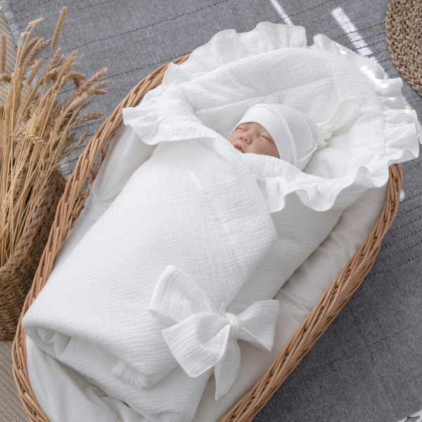 Одеяло на выписку 90х90 «Муслиновое», с бантом с рюшами летнее Молочный