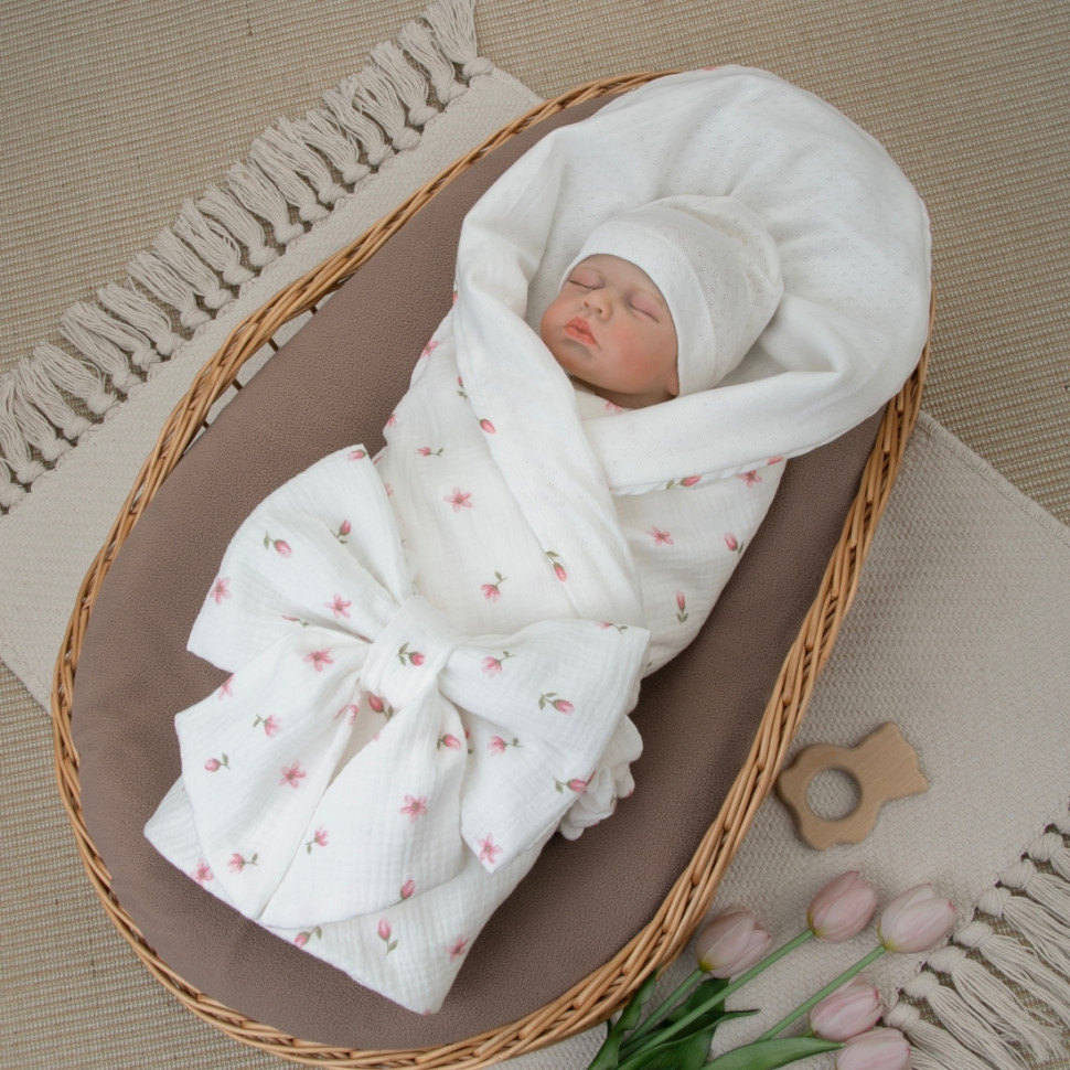 Комплект на выписку 4 предмета "Ажур.Муслин Плед", тюльпанчики, лето Комплект на выписку 4 предмета "Ажур.Муслин Плед", тюльпанчики, лето